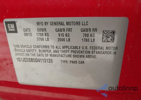 2013 Chevrolet Sonic Lt Auto from USA, damaged, VIN 1G1JC5SB5D4113120